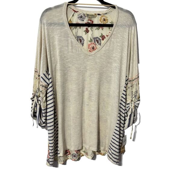 Democracy cream floral V-neck striped linen 3/4 sleeve size XLarge Roll Tab NEW - Picture 1 of 6